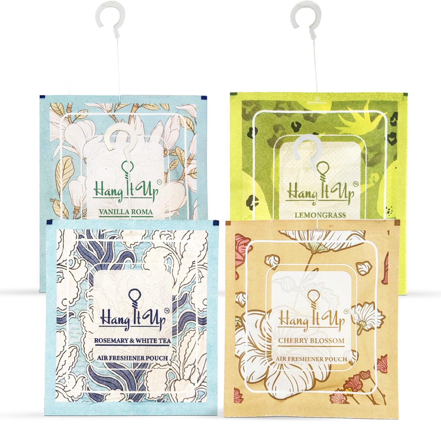 Air Freshener Pouches - Leamongrass, Cherry Blossom, Vanilla Roma & Rose marry & White Tea Combo of 4 | Long Lasting Fragrance